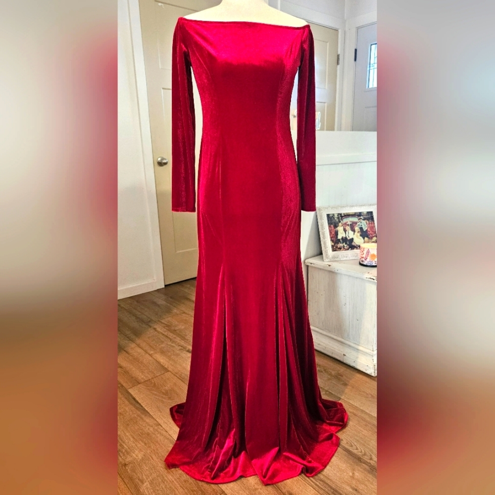 NWT'S - TTY BRIDAL - Red Velvet Formal Dress, Off the Shoulder, Size M
